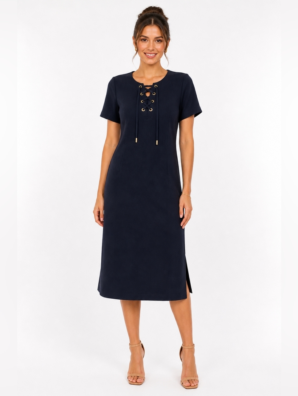 Eliza J Navy Blue Lace Up Sheath Dress Short Sleeve Size 6